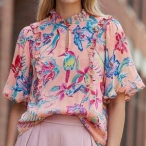 Anthropologie Banjanan Tropical Print Silk Blouse - Size XS - 100% Silk